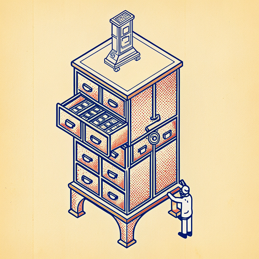 Illustration of a card index cabinet with drawers open and a tiny person pulling out a card