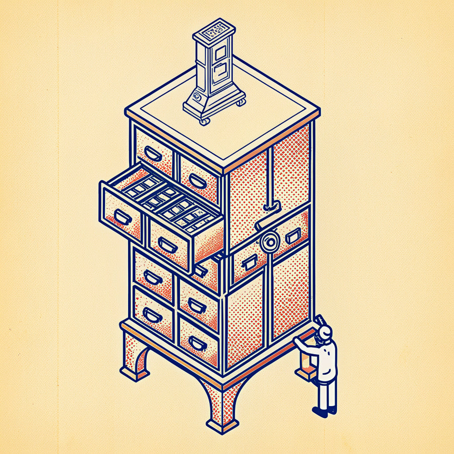 Illustration of a card index cabinet with drawers open and a tiny person pulling out a card