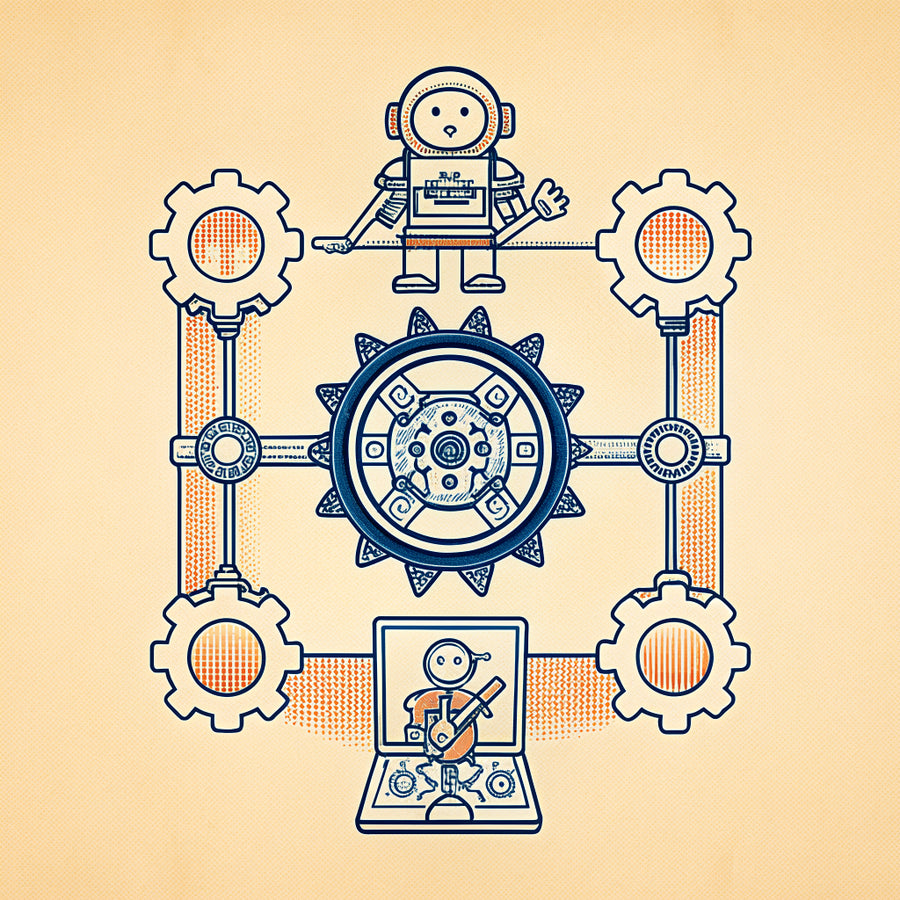 Illustration of a brass typewriter with a small robot assistant and a tiny person typing