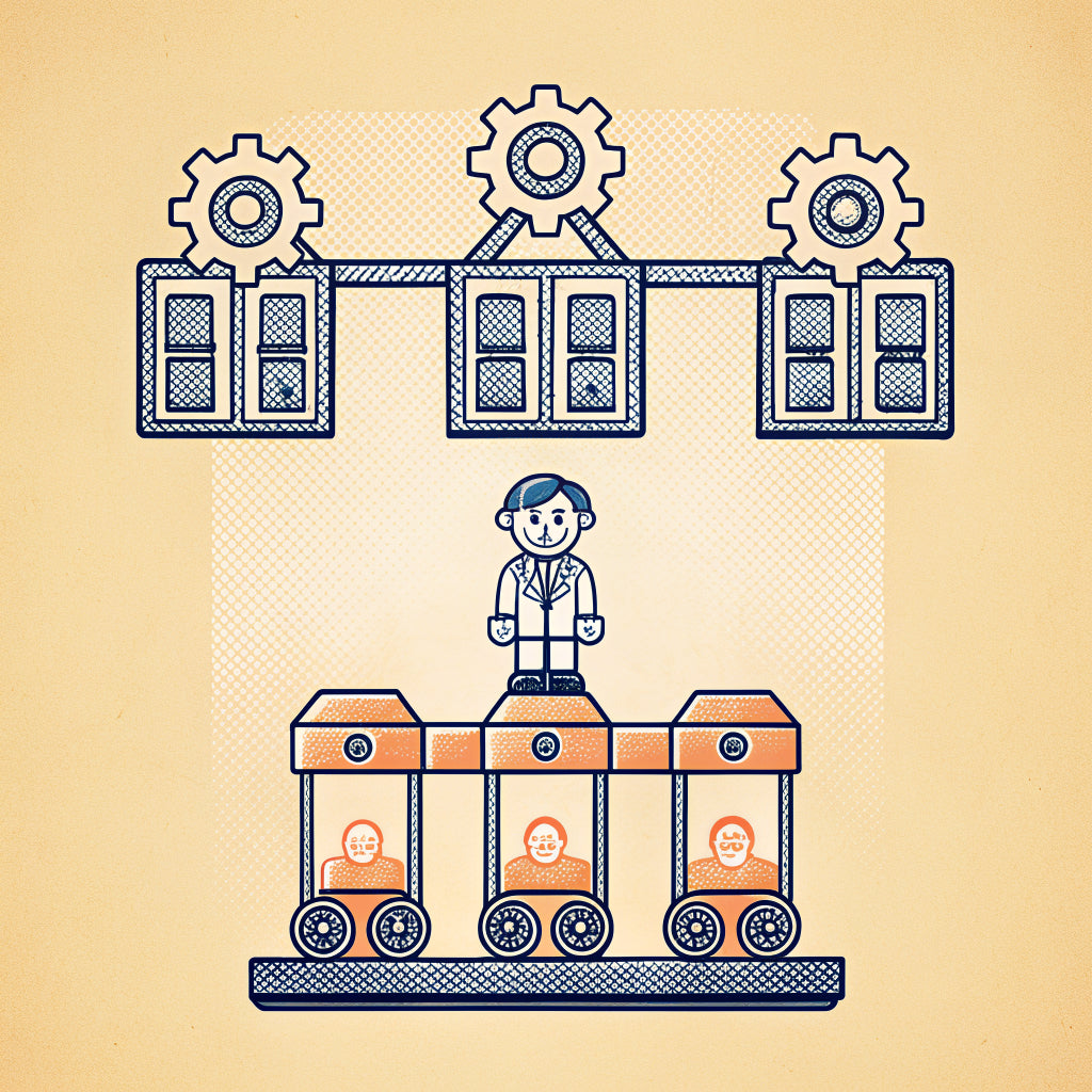 Illustration of three small warehouse models measured with brass dividers by a tiny person with a clipboard