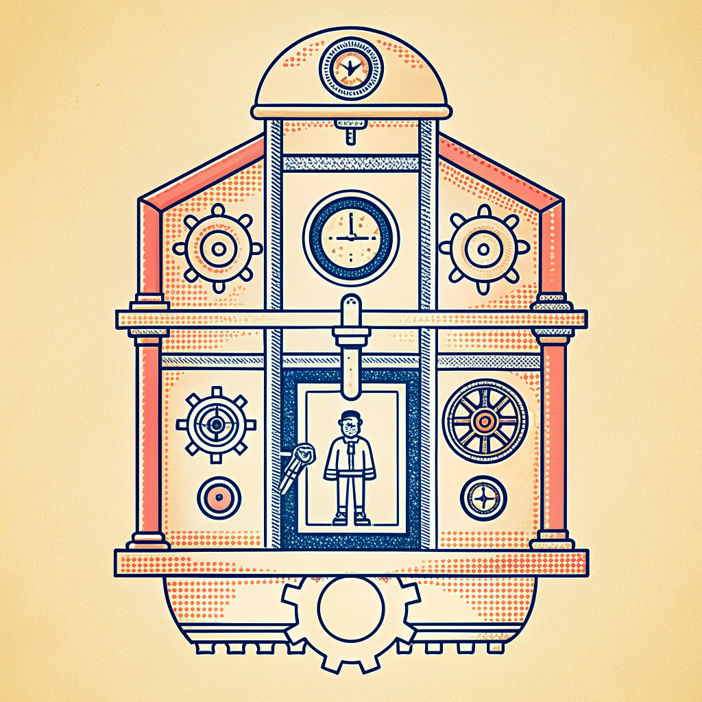 Retro diagram of a brass shopfront with a clock and lamp, a tiny person in a lab coat oiling the sign hinge