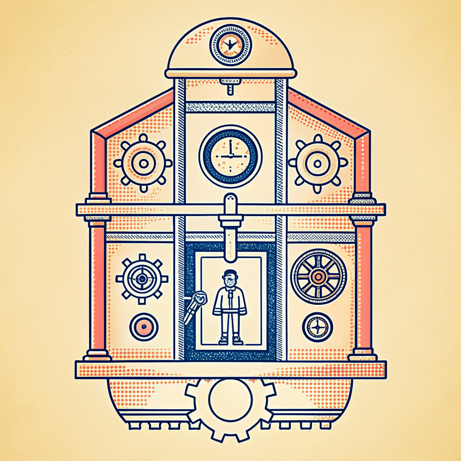 Retro diagram of a brass shopfront with a clock and lamp, a tiny person in a lab coat oiling the sign hinge
