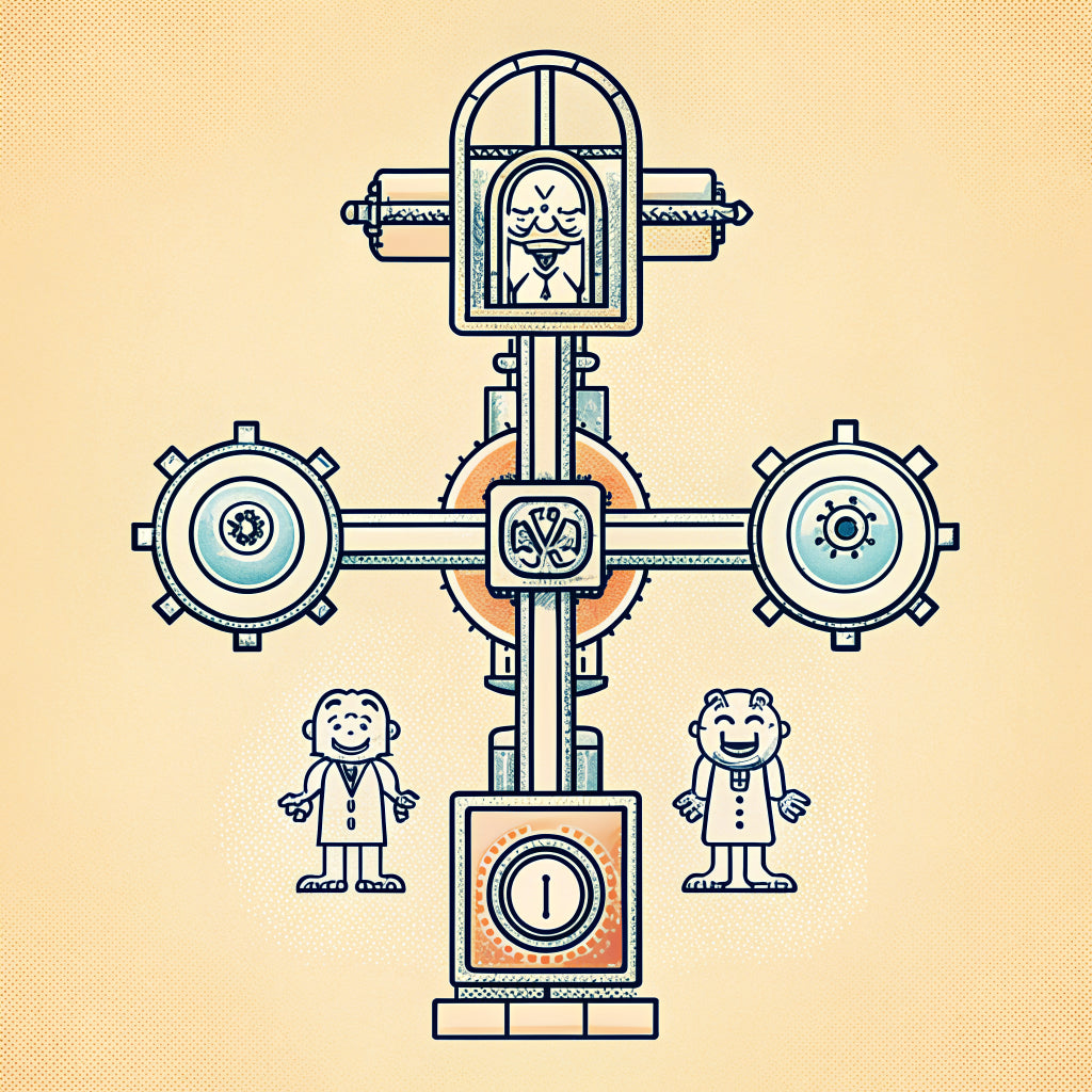Illustration of three brass machines linked by pipes with a tiny person pulling a lever while a robot watches