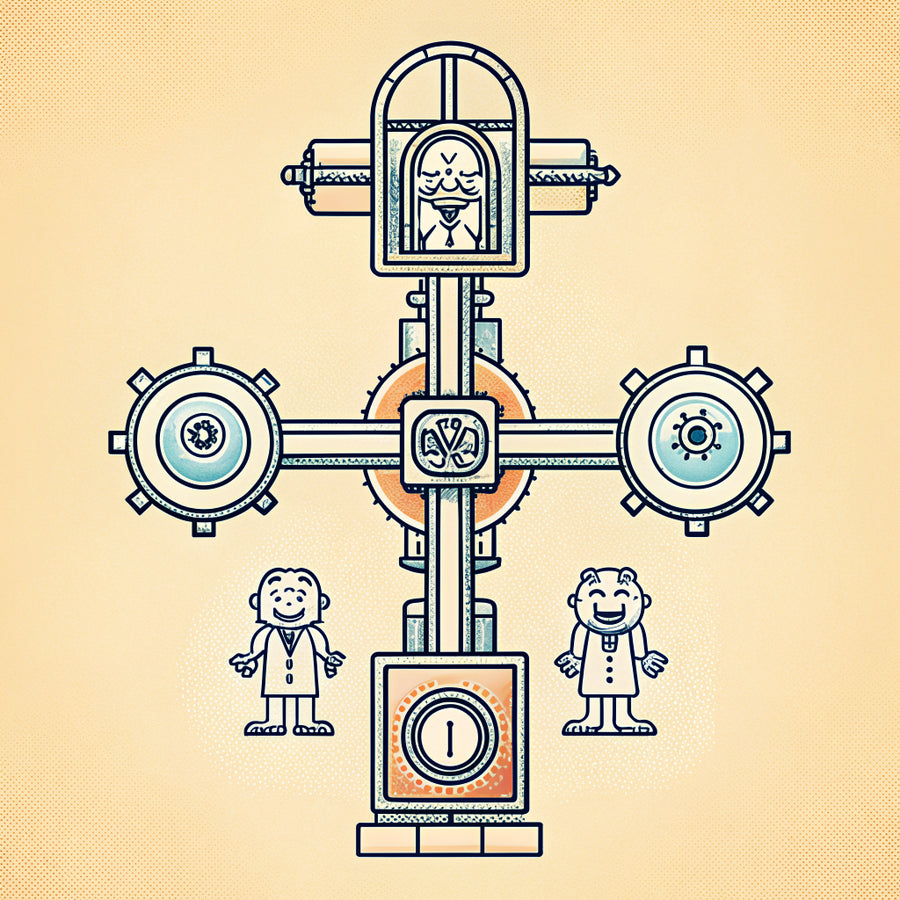 Illustration of three brass machines linked by pipes with a tiny person pulling a lever while a robot watches