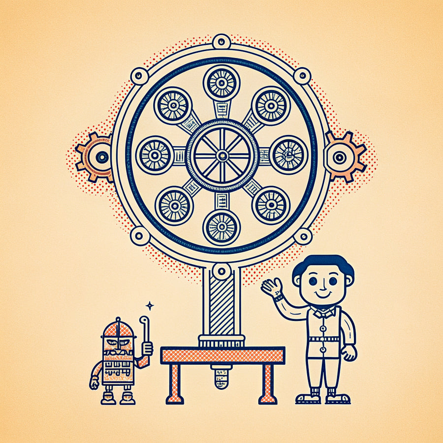 Illustration of a friendly clockwork robot at a workbench beneath a clock, shaking hands with a tiny person