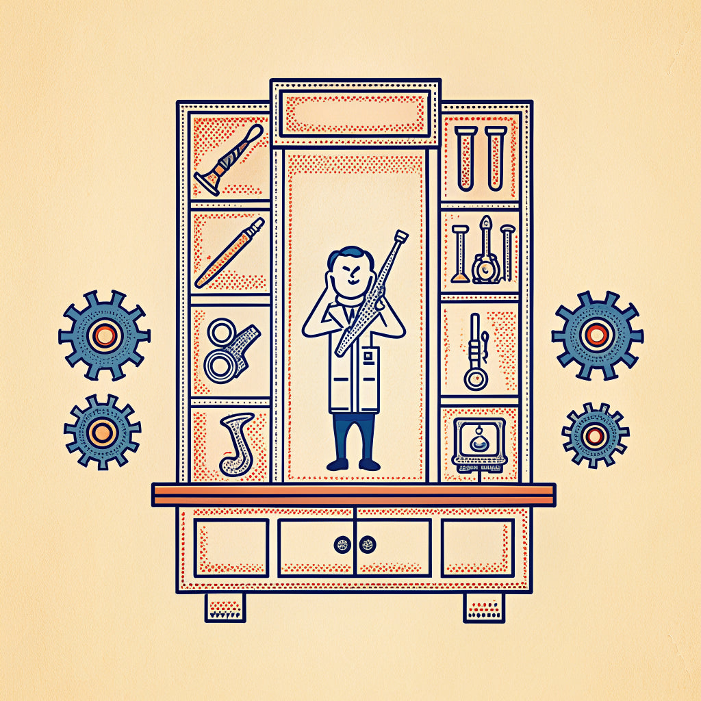 Illustration of a shelf of brass instruments in presentation boxes, with a tiny person lifting one out with tongs