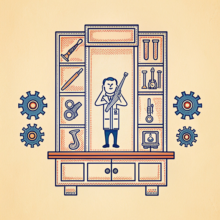 Illustration of a shelf of brass instruments in presentation boxes, with a tiny person lifting one out with tongs