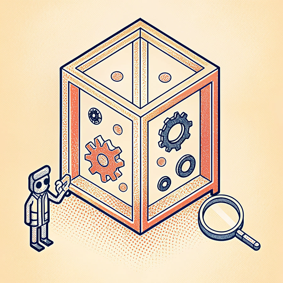 Illustration of a shopfront model opened up to show gears inside, with a tiny person inspecting it with a magnifying glass