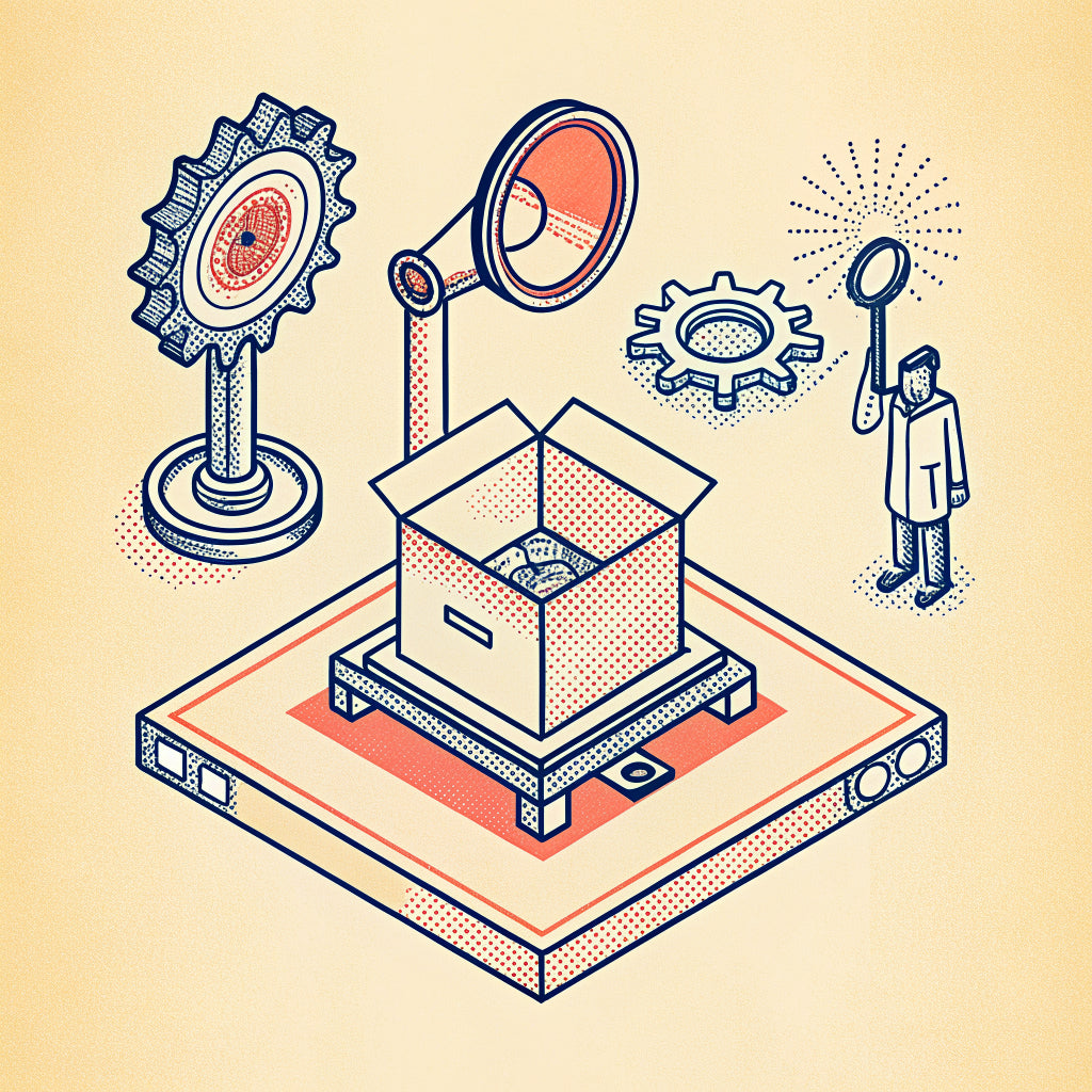 Illustration of a parcel on a brass scale beside a loudspeaker horn, with a tiny person adjusting it