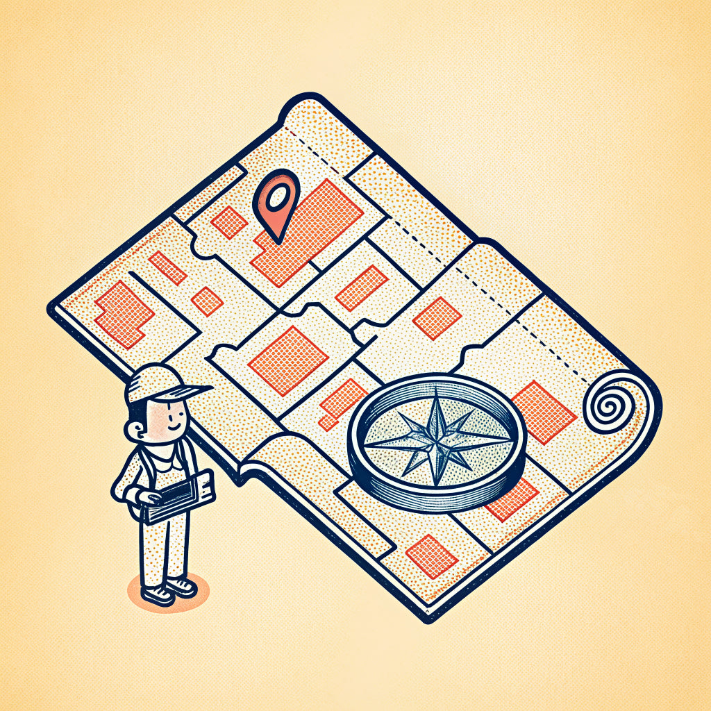 Illustration of a compass on a street map with a map pin and a tiny person holding a clipboard