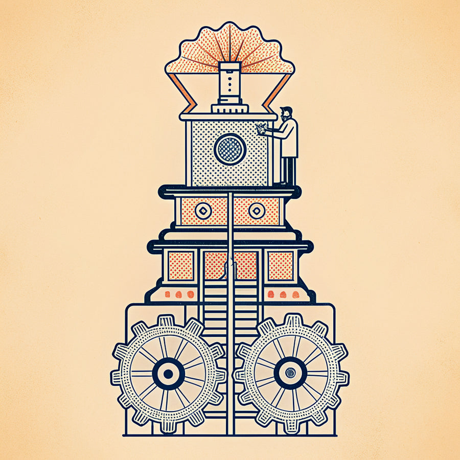 Illustration of a wobbly stack of old equipment with a spirit level on top and a tiny person on a ladder