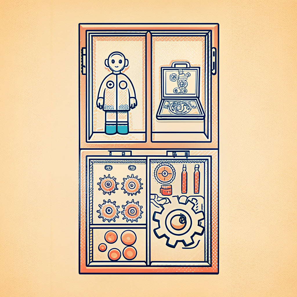 Illustration of a specimen cabinet of neatly arranged trays, with a tiny person checking them with tweezers
