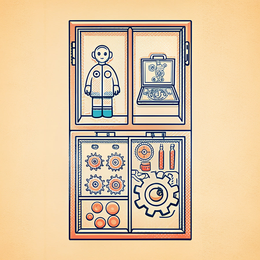Illustration of a specimen cabinet of neatly arranged trays, with a tiny person checking them with tweezers