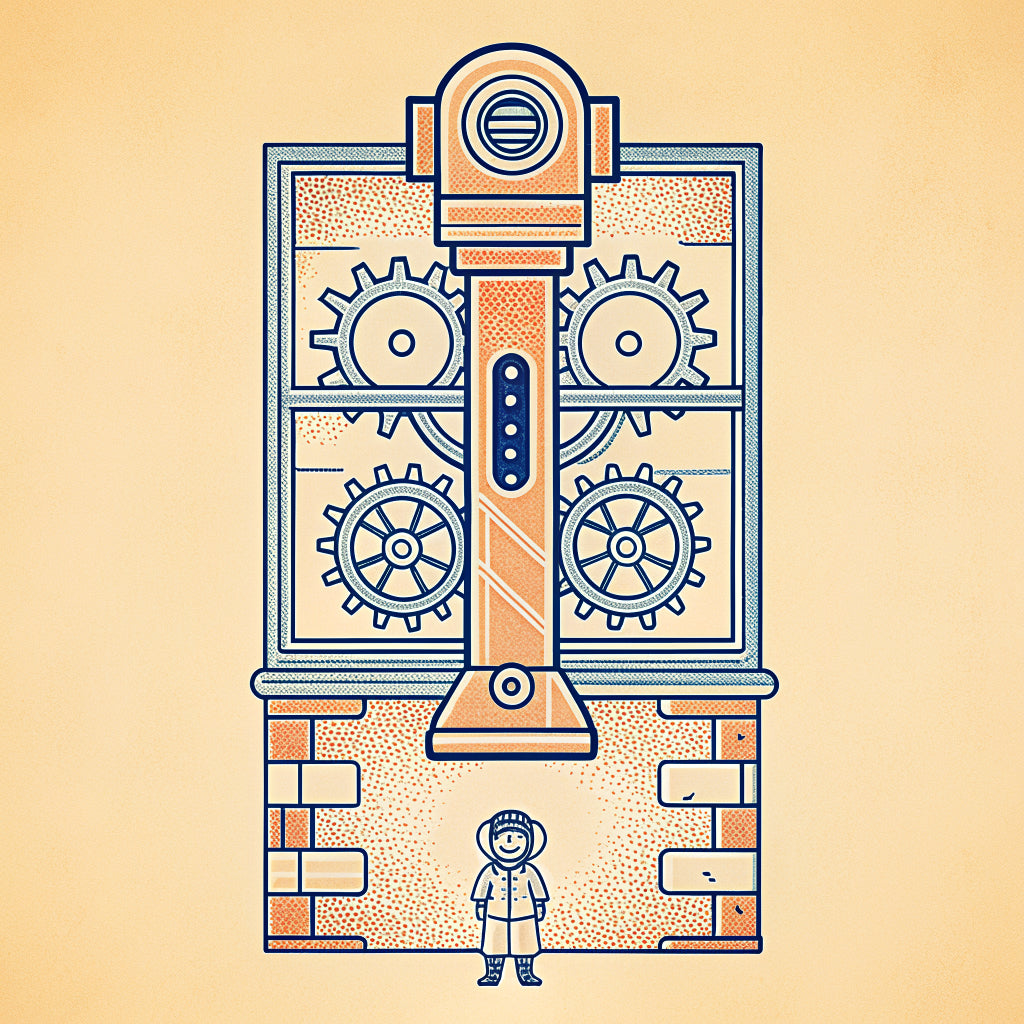 Illustration of a periscope over a wall looking at a row of small shops, with a tiny person using it