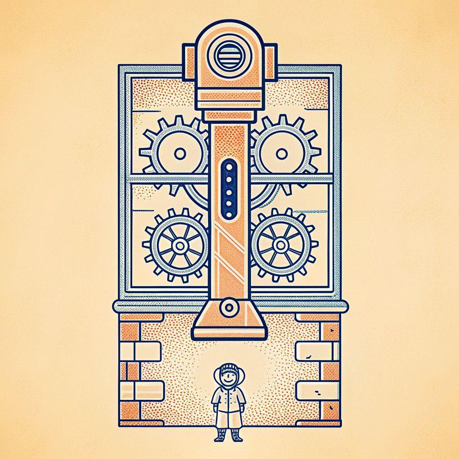 Illustration of a periscope over a wall looking at a row of small shops, with a tiny person using it