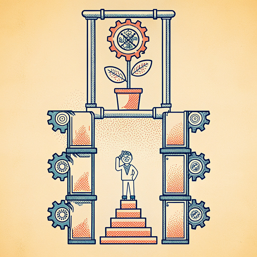 Retro diagram of a brass seedling growing from a gear above a staircase, with a tiny person in a lab coat below