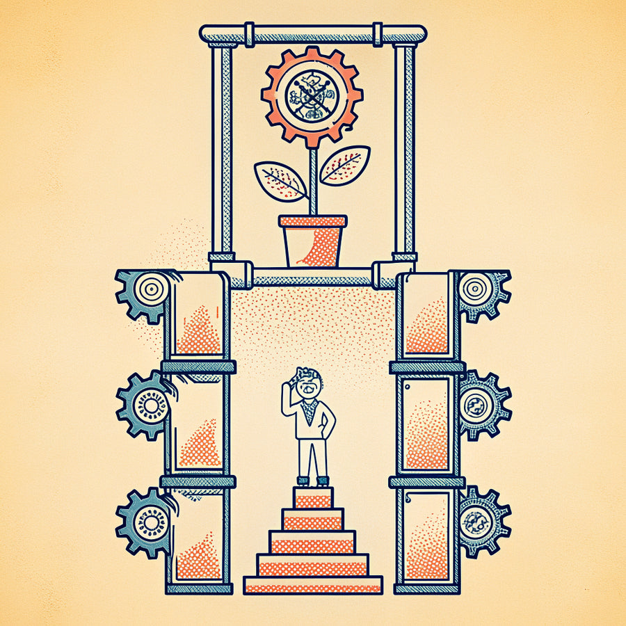 Retro diagram of a brass seedling growing from a gear above a staircase, with a tiny person in a lab coat below