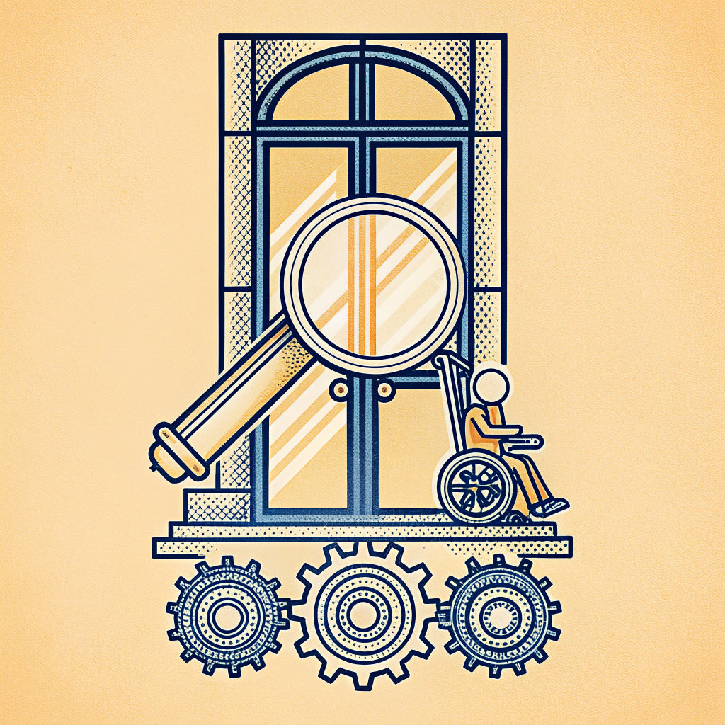 Illustration of a magnifying glass over a doorway with a ramp, and a tiny person in a wheelchair approaching it