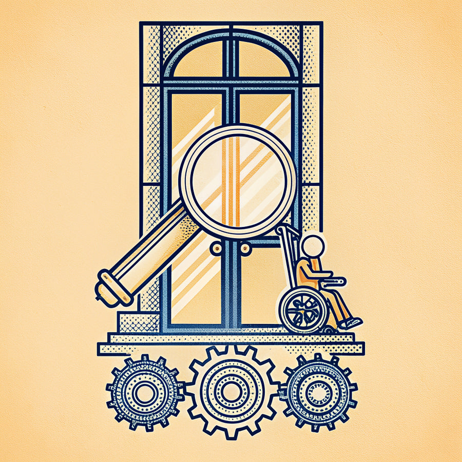 Illustration of a magnifying glass over a doorway with a ramp, and a tiny person in a wheelchair approaching it