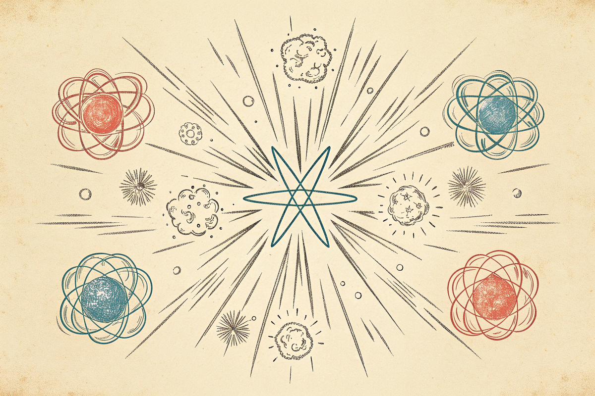Vintage scientific illustration of a starburst surrounded by red and blue atoms