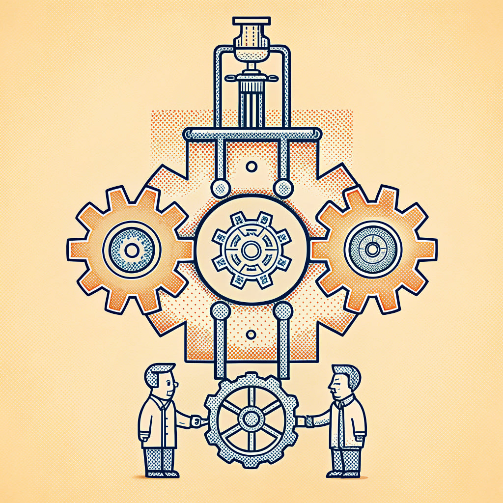 Retro diagram of large meshing gears with two tiny figures shaking hands beneath them