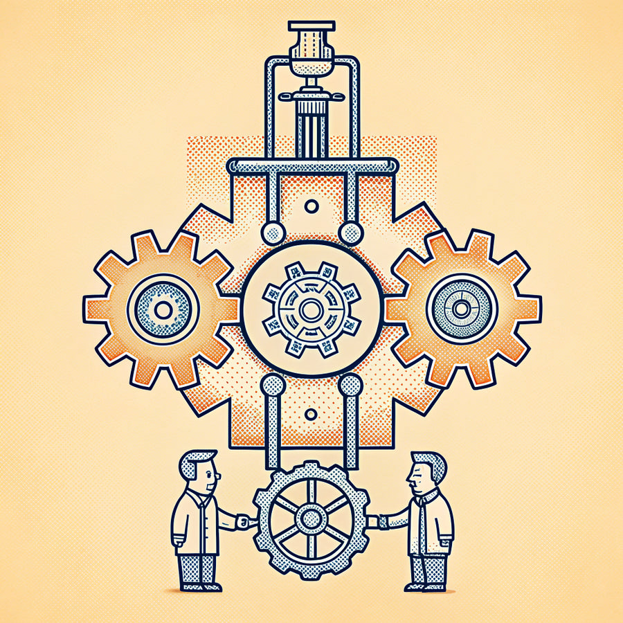 Retro diagram of large meshing gears with two tiny figures shaking hands beneath them