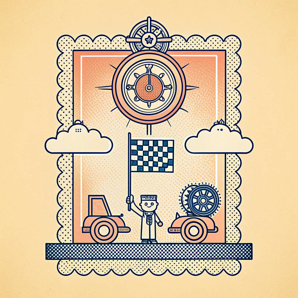Illustration of a small racing car with a speedometer on its bonnet and a tiny person holding a stopwatch