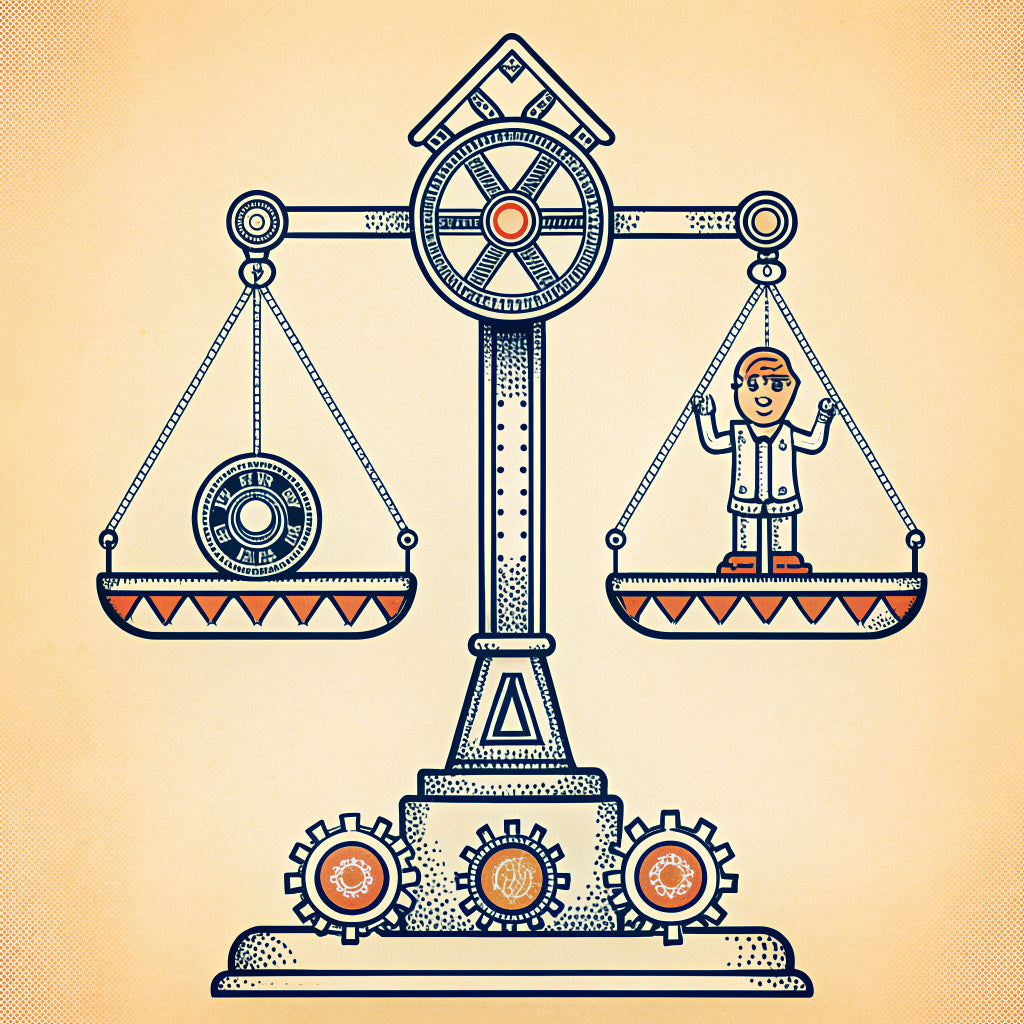 Illustration of a parcel balanced against a stack of coins on a brass scale, with a tiny person checking it