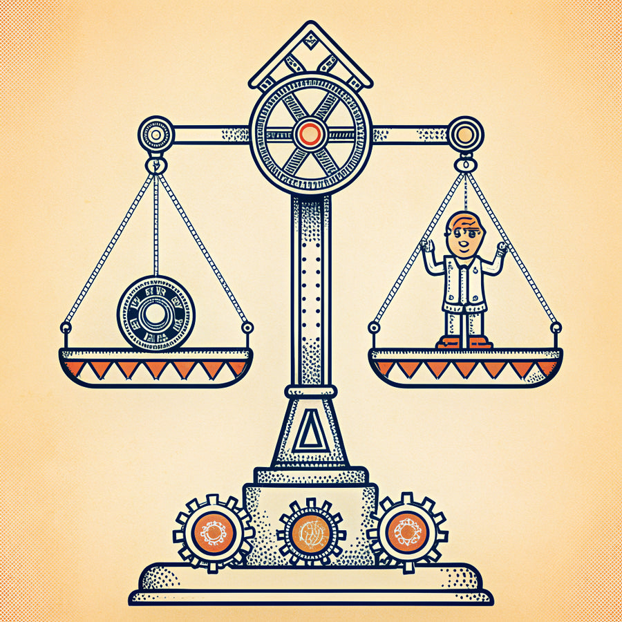 Illustration of a parcel balanced against a stack of coins on a brass scale, with a tiny person checking it