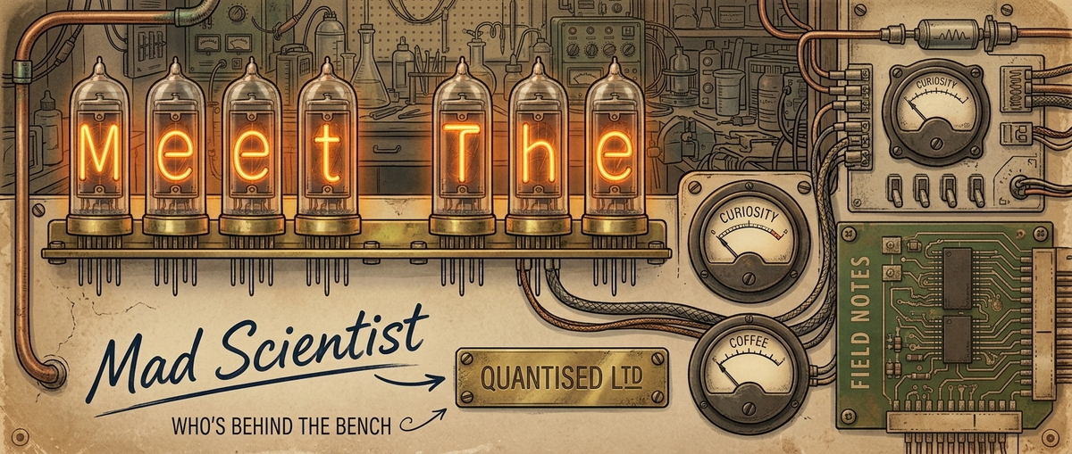 "Meet The Mad Scientist: who's behind the bench" on a retro instrument panel