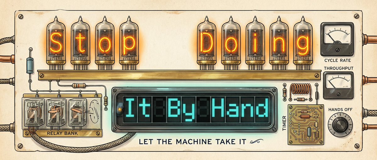 "Stop Doing It By Hand: let the machine take it" on a retro instrument panel