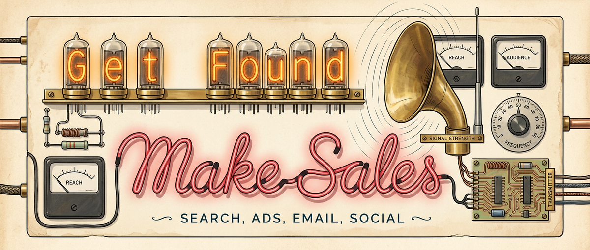 "Get Found, Make Sales: search, ads, email, social" on a retro instrument panel