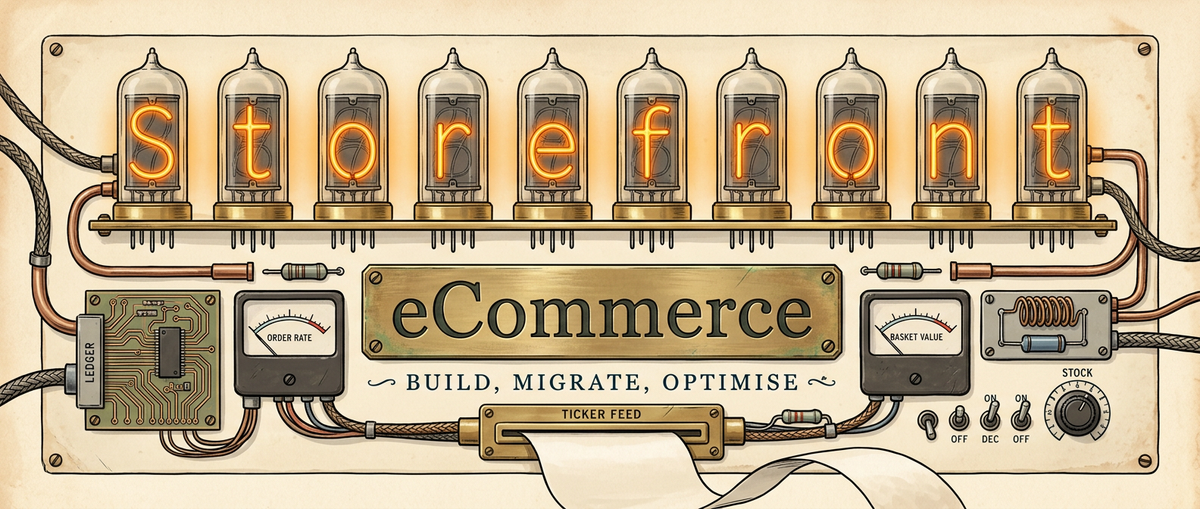 "Storefront eCommerce: build, migrate, optimise" in nixie tubes on a retro instrument panel