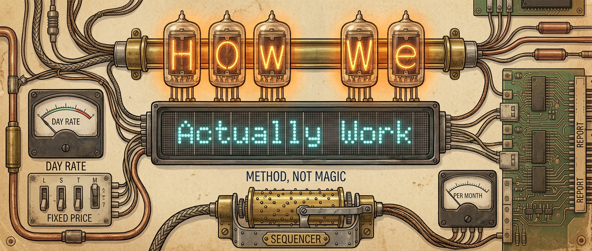 "How We Actually Work: method, not magic" on a retro instrument panel