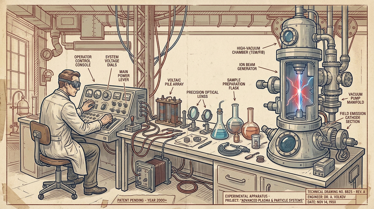 Technical drawing of a scientist at a control console beside a plasma chamber