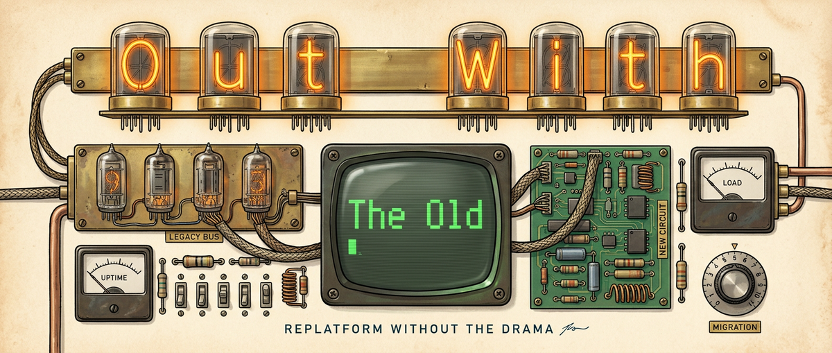 "Out With The Old: replatform without the drama" on a retro instrument panel