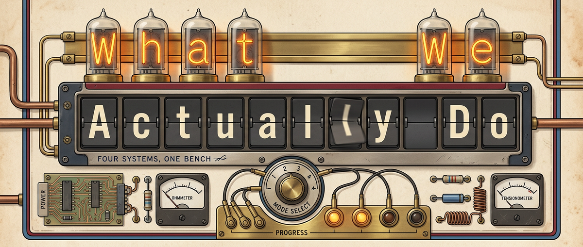 "What We Actually Do: four systems, one bench" on a retro instrument panel