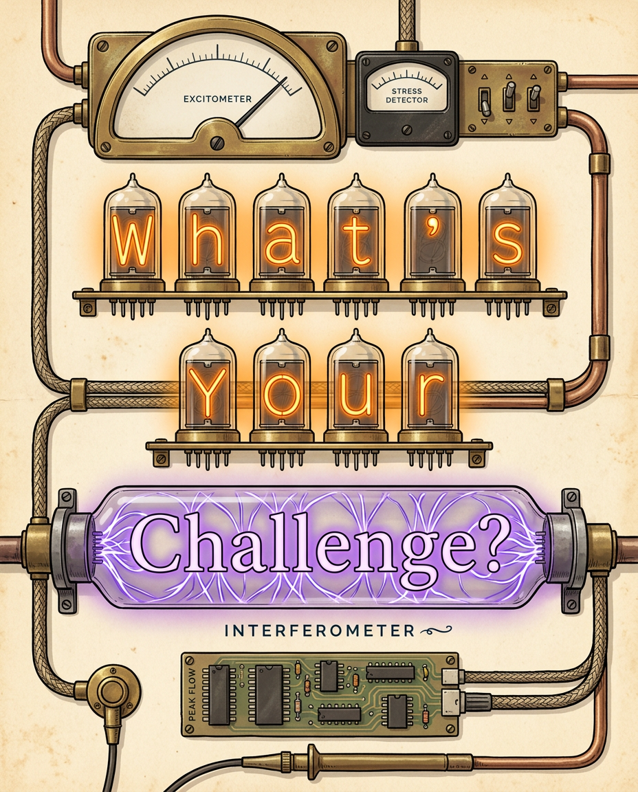 "What's Your Challenge?" in glowing nixie tubes on a retro instrument panel