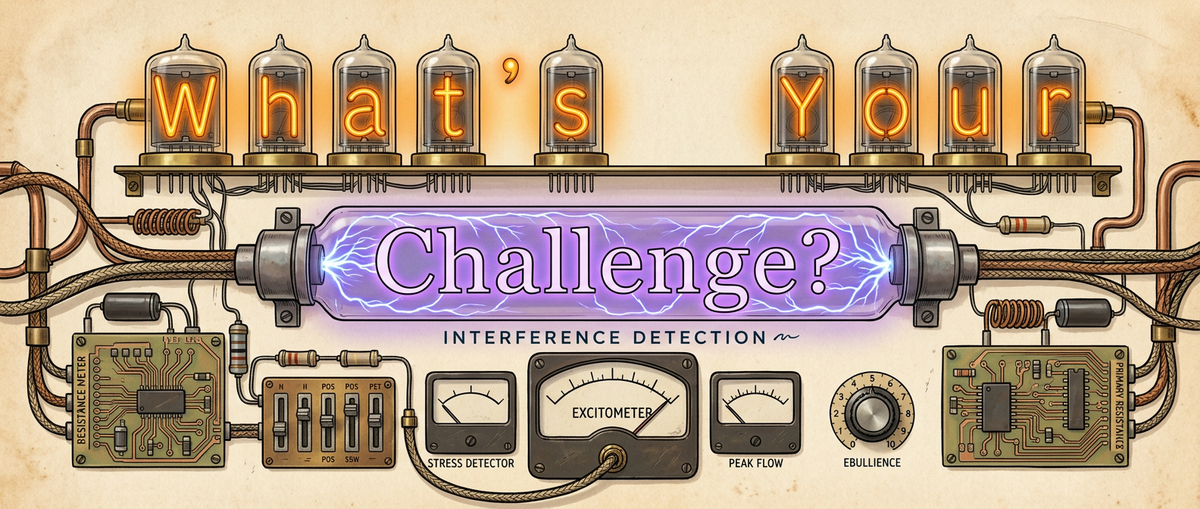 "What's Your Challenge?" in glowing nixie tubes on a retro instrument panel