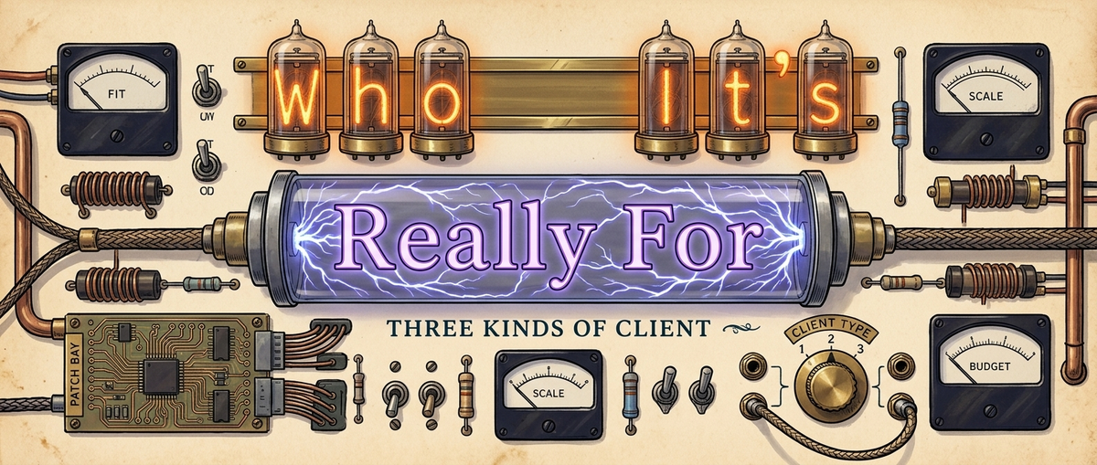 "Who It's Really For: three kinds of client" on a retro instrument panel