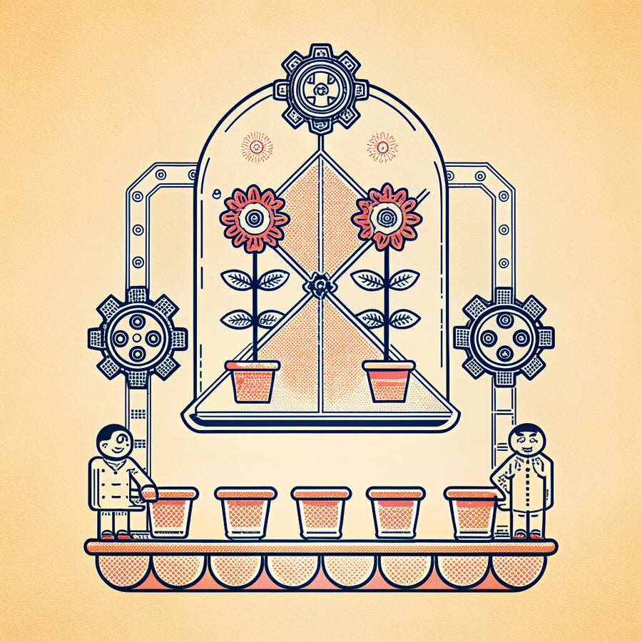 Illustration of a seedling growing through four stages under a glass bell jar, with tiny people watering the pots