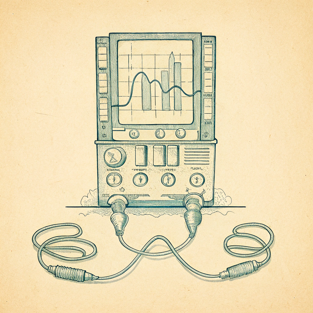 Vintage-style illustration of a scientific instrument with a screen displaying graphs on a beige background.