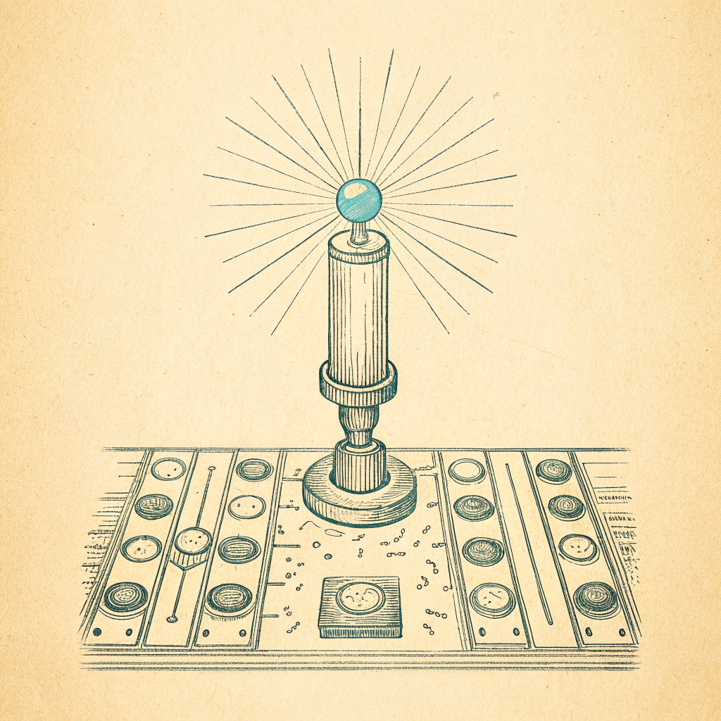 Vintage-style illustration of a scientific apparatus with a glowing sphere on a beige background