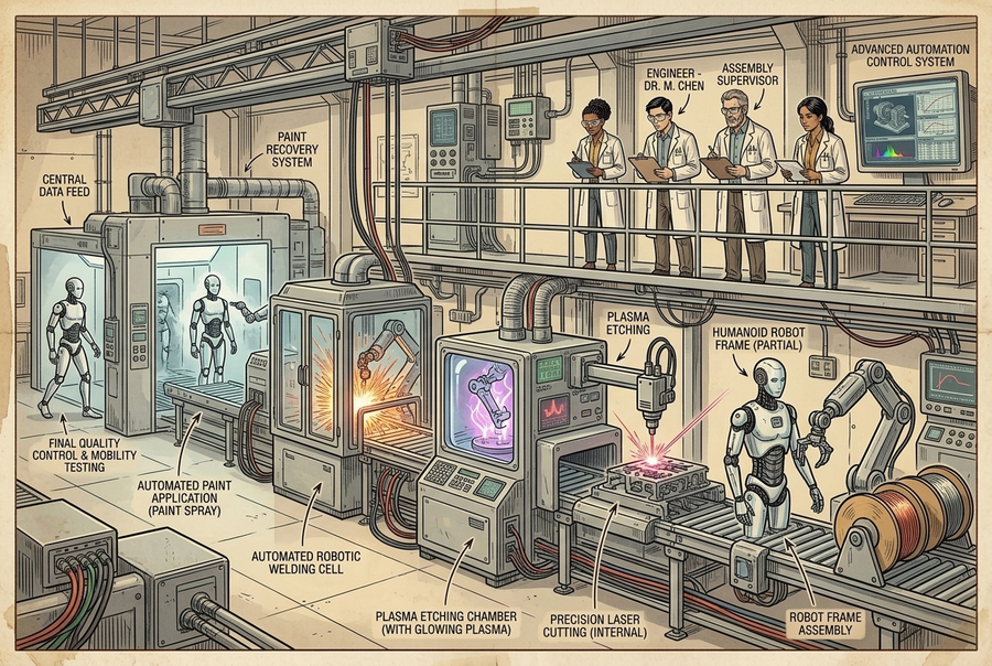 Automated factory line of robots, watched by engineers