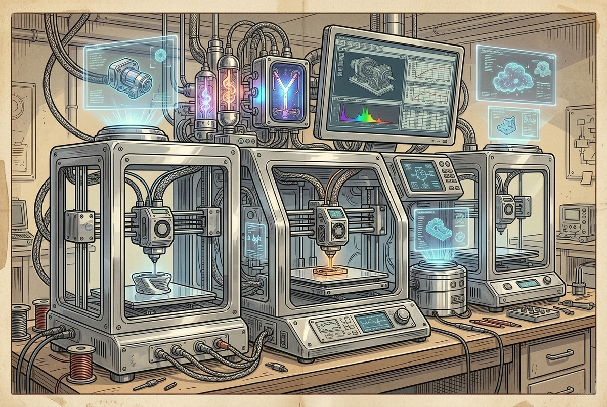 Row of 3D printers producing parts beside holographic screens