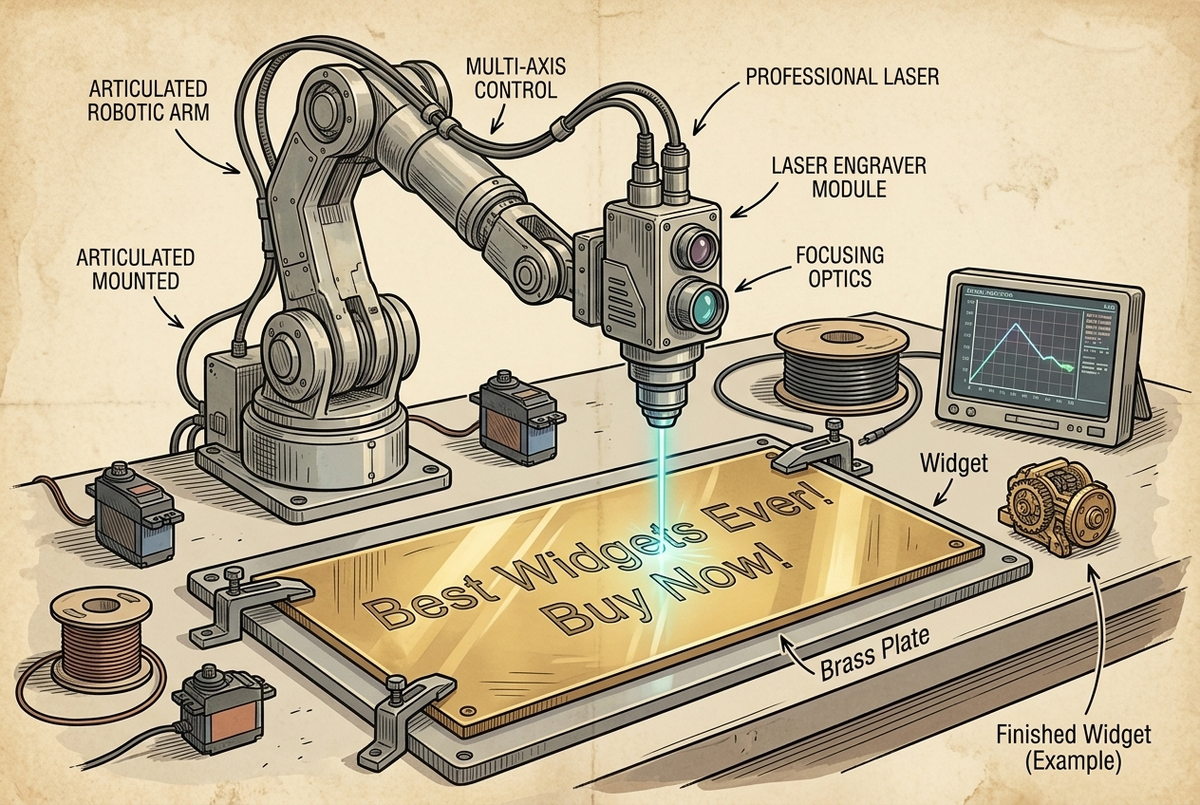 Robotic laser engraving "Best Widgets Ever! Buy Now!" onto a brass plate
