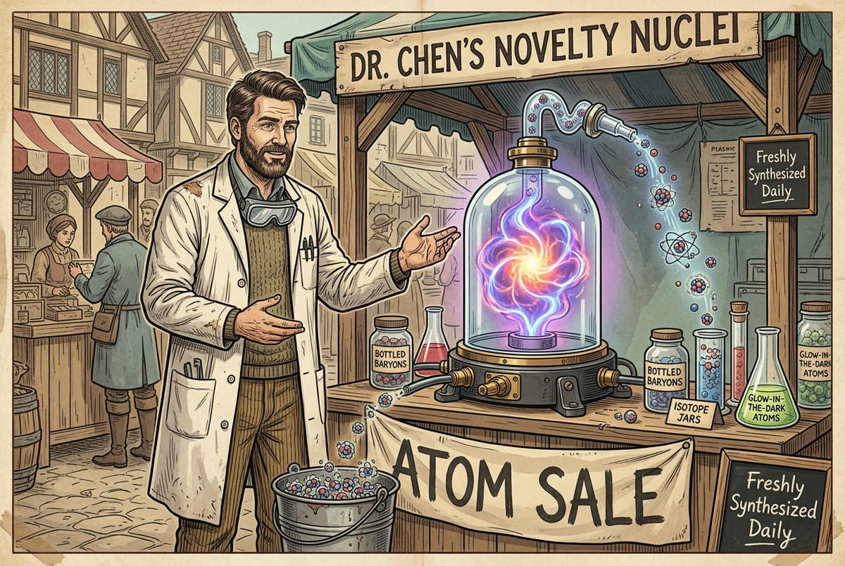 Scientist selling atoms at a "Dr. Chen's Novelty Nuclei: Atom Sale" market stall