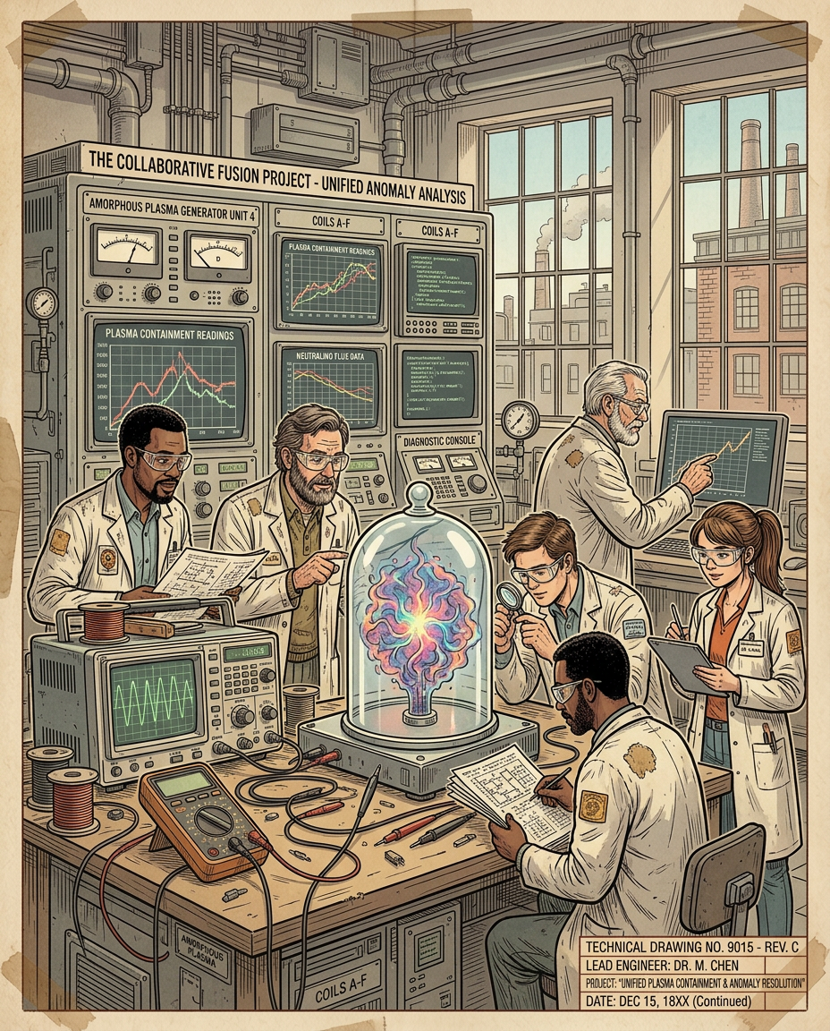 Team of scientists gathered around a glowing plasma bell jar