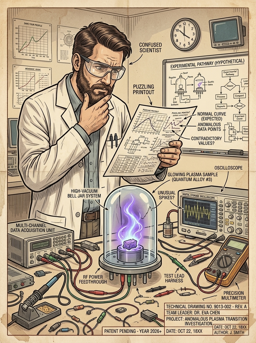 Puzzled scientist reading a printout beside a glowing plasma sphere
