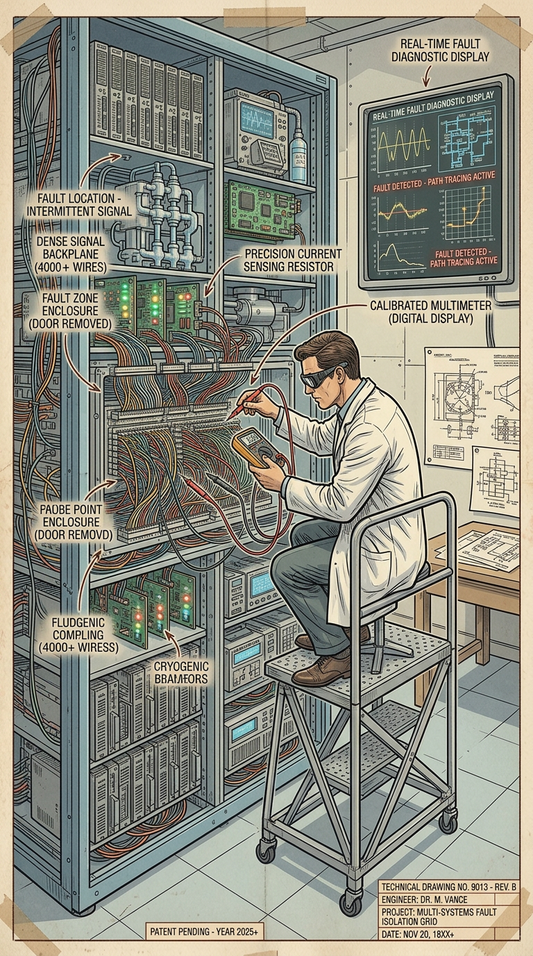 Engineer on a ladder testing a tall cabinet of circuitry